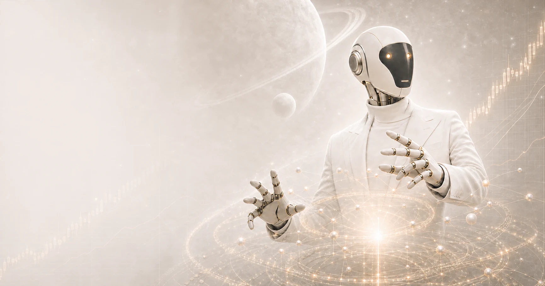 The Conductor, a white humanoid AI orchestrating connected market signals
